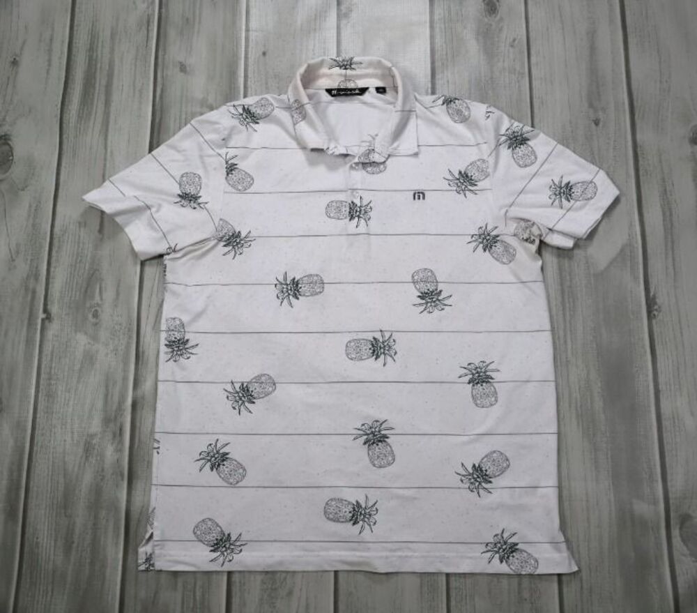 Travis Mathew Polo Shirt Men's XL White Pineapple Print Golf Performance AOP